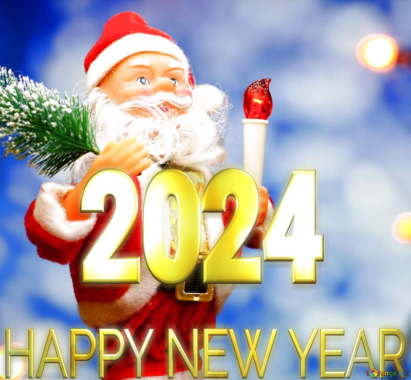 New Year`s card with Santa Claus toy brings Christmas tree at glow soft blue bokeh background and blurred lights foreground. Copyspace concept for market banner, poster, congratulations card. Happy New Year 2024 №48156