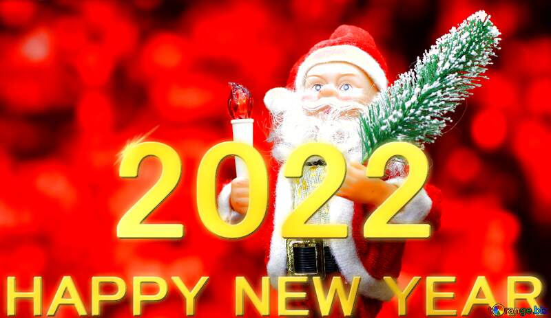 Download free picture New Year`s card with Santa Claus toy brings Christmas  tree at glow red bokeh background . Big Copyspace concept for New Year`s  market banner, poster, congratulations. 2022 on CC-BY