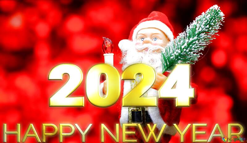 New Year`s card with Santa Claus toy brings Christmas tree at glow red bokeh background . Big Copyspace concept for New Year`s market banner, poster, congratulations. 2024 №48165