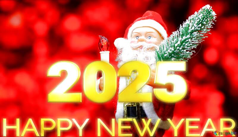 New Year`s card with Santa Claus toy brings Christmas tree at glow red bokeh background . Big Copyspace concept for New Year`s market banner, poster, congratulations. 2025 №48165