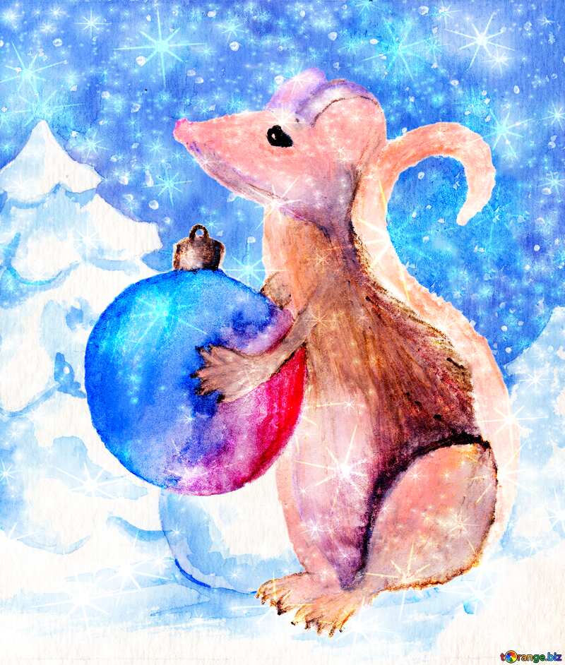 Chinese new year 2020 year of the rat Christmas Snow forest background. Hand drawing painted watercolor hobby card. Winter sale of goods banner. Mouse Holds a gift in hands. №54497