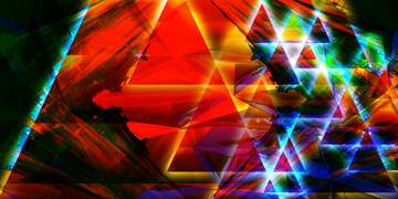 FX №223468 Polygonal dark design background with pyramids shiny neon glow red and blue colors