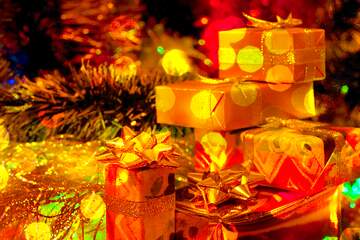 FX №267734 Brightly Lit Christmas Gifts with Colorful Bokeh Background