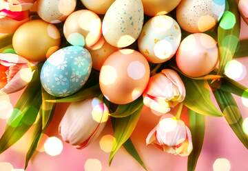 FX №269161 Colorful Easter Eggs Surrounded by Fresh Tulips in a Vibrant Spring Bouquet