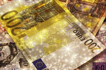 FX №269085 Sparkling Euro Banknotes: A Close-Up of 200 Euro Notes Glimmering with Golden Highlights