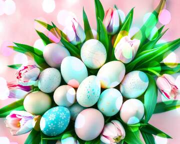 FX №269160 Vibrant Easter Eggs Surrounded by Fresh Tulips and Greenery