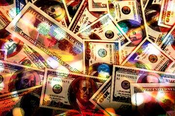 FX №269079 Vibrant Heap of U.S. Dollar Bills Surrounded by Colorful Lights