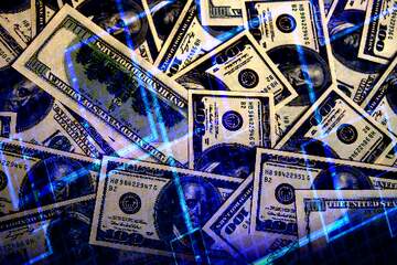 FX №269077 Vibrant Pile of Dollar Bills Illuminated by Neon Blue Light