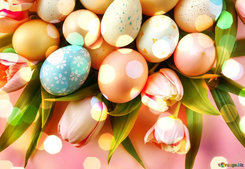 Colorful Easter Eggs Surrounded by Fresh Tulips in a Vibrant Spring Bouquet №56912