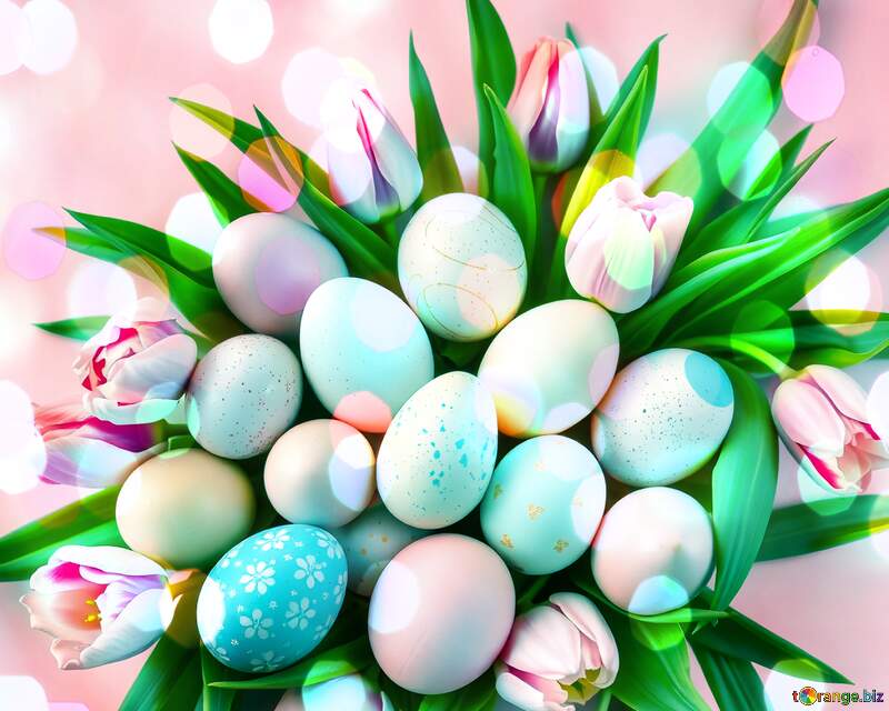 Vibrant Easter Eggs Surrounded by Fresh Tulips and Greenery №56912