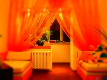 FX №56556 Яркие цвета. Оранжевые шторы на окне с подсветкой.