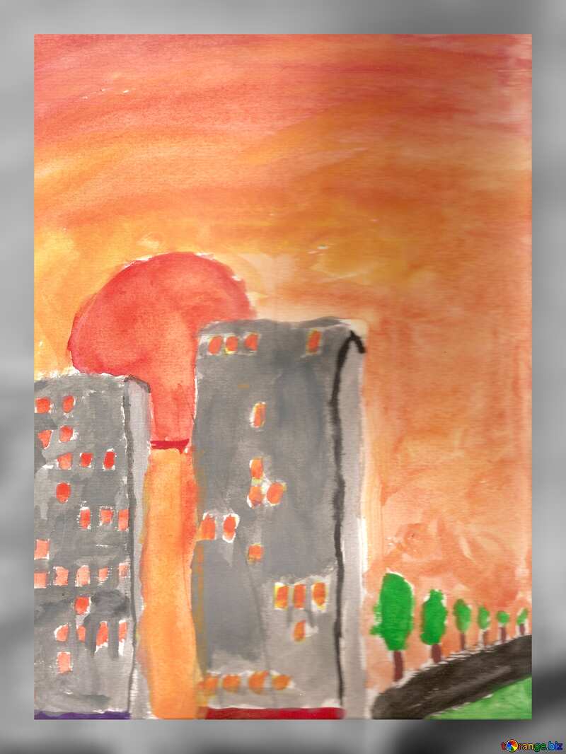 Child draw sunset in sity №42701