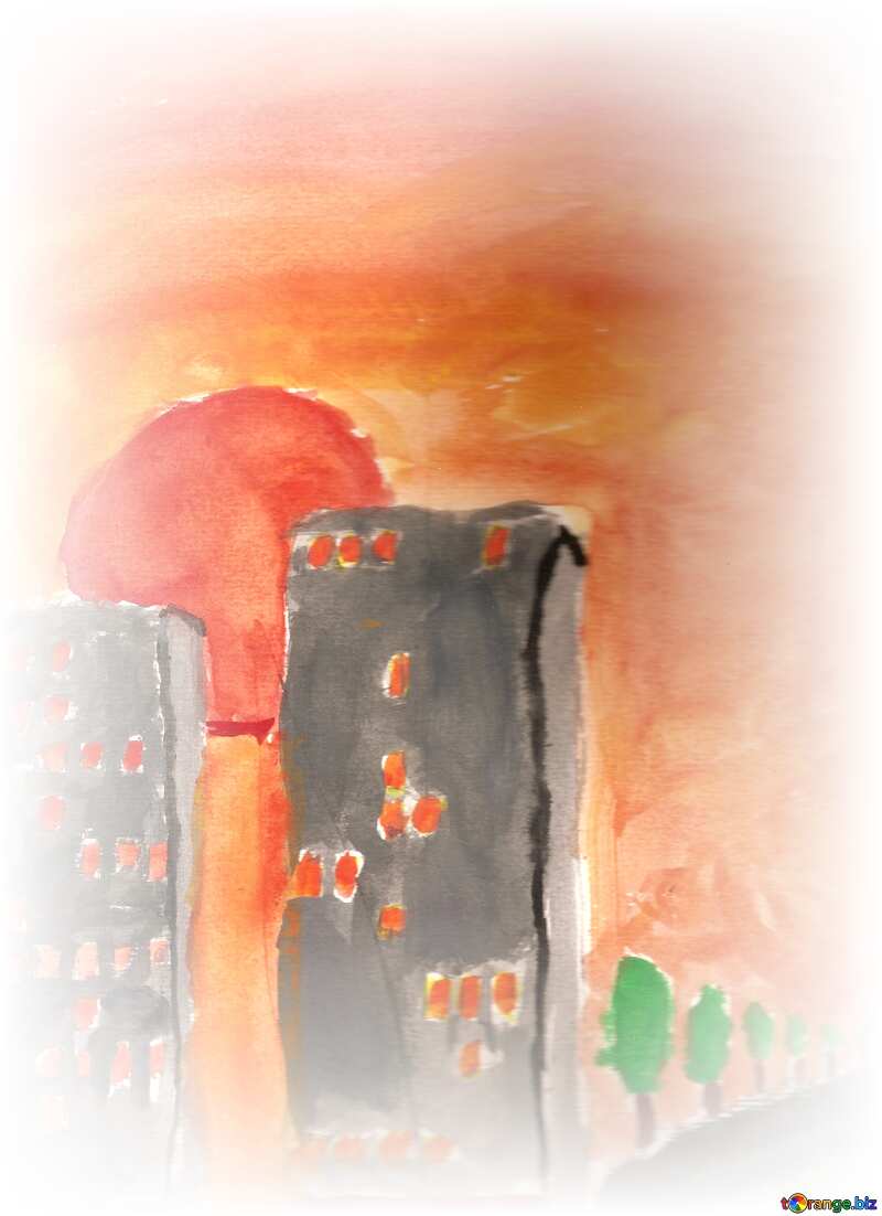 Children`s paint city sunset №42701